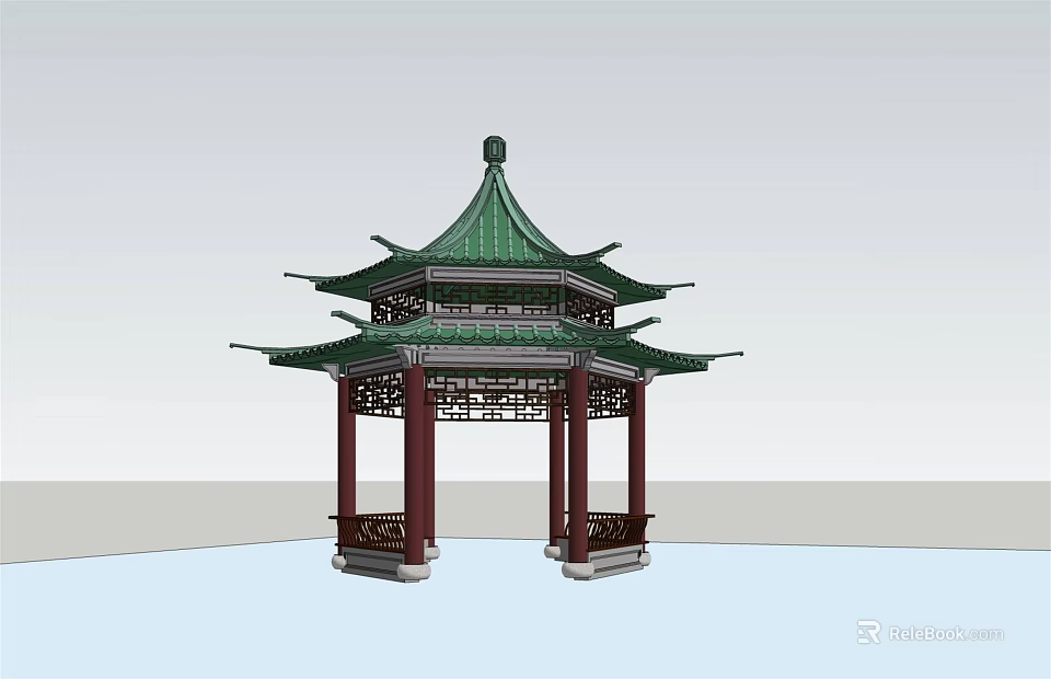Traditional Chinese Pavilion With Green Roof Multi Layered Eaves Red Pillars And Carved Structure 3d model 