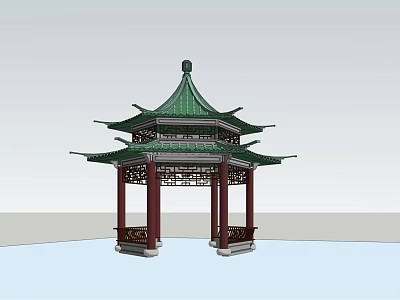 Traditional Chinese Pavilion With Green Roof Multi Layered Eaves Red Pillars And Carved Structure 3d model