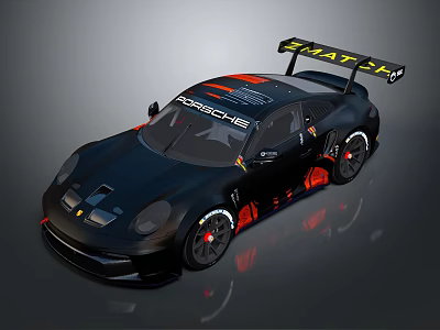 Black Porsche Race Car With Red Graphics And Yellow Manthey Rear Wing 3d model
