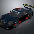 Black Porsche Race Car With Red Graphics And Yellow Manthey Rear Wing