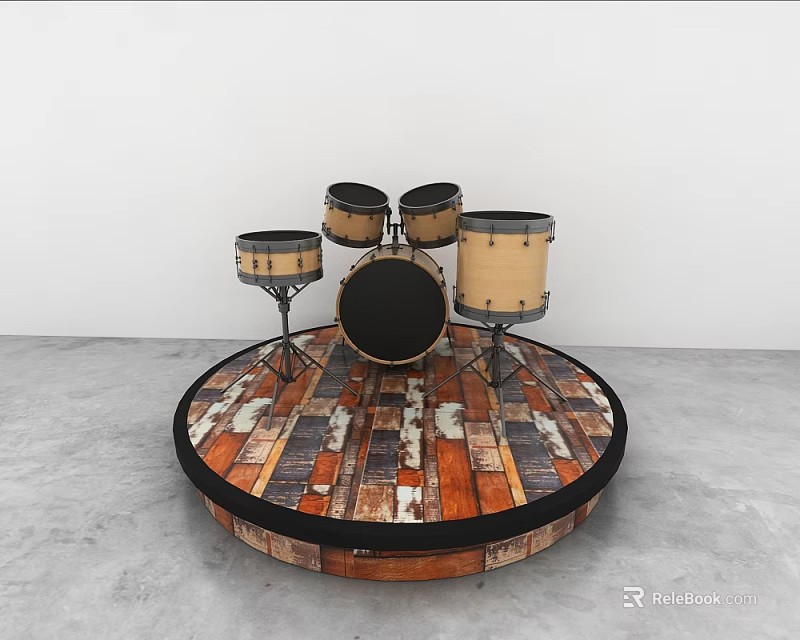 Artistic Musical Instrument Drum Set On Circular Wooden Platform With Colorful Planks And Black Edge 3d model 