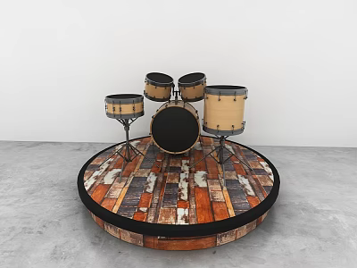 Artistic Musical Instrument Drum Set On Circular Wooden Platform With Colorful Planks And Black Edge 3d model