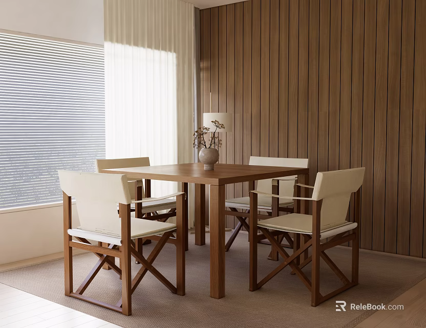Modern Wooden Dining Table And White Cushioned Chairs In Interior With Wooden Wall And Window Blinds 3d model 