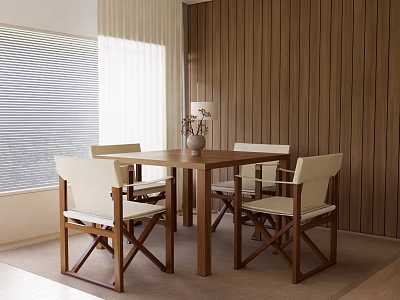 Modern Wooden Dining Table And White Cushioned Chairs In Interior With Wooden Wall And Window Blinds 3d model