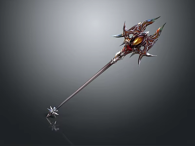 Fantasy Spiked Weapon Featuring Golden Core Intricate Design And Long Dark Red Handle 3d model