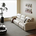 Modern Living Room With White Leather Sofa Round Coffee Table Wall Shelf And Potted Plant