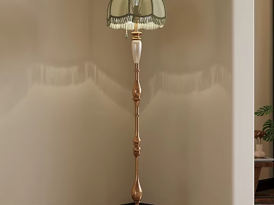 Elegant Floor Lamp With Green Fringed Lampshade Golden Pole And White Middle 3d model