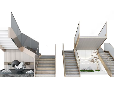 Modern Staircase With Glass Railings Wooden Steps Spherical Sculpture And Green Plants 3d model