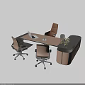 Modern Office Desk Setup With Three Chairs Laptop Coffee Cup And Decorative Vase