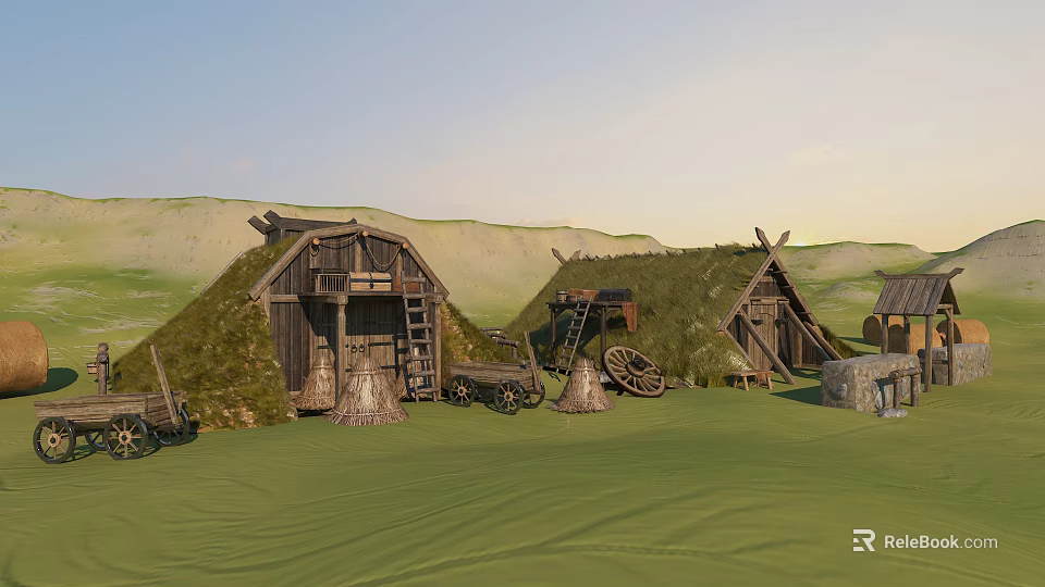 Traditional Thatched Houses on Green Grassland with Rolling Hills and Wooden Carts with Wheels 3d model 