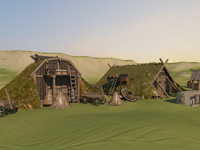Traditional Thatched Houses on Green Grassland with Rolling Hills and Wooden Carts with Wheels 3d model