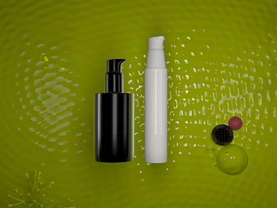 Perfume Cosmetics Black and White Bottles on Green Background with Decorative Spheres and Drops 3d model