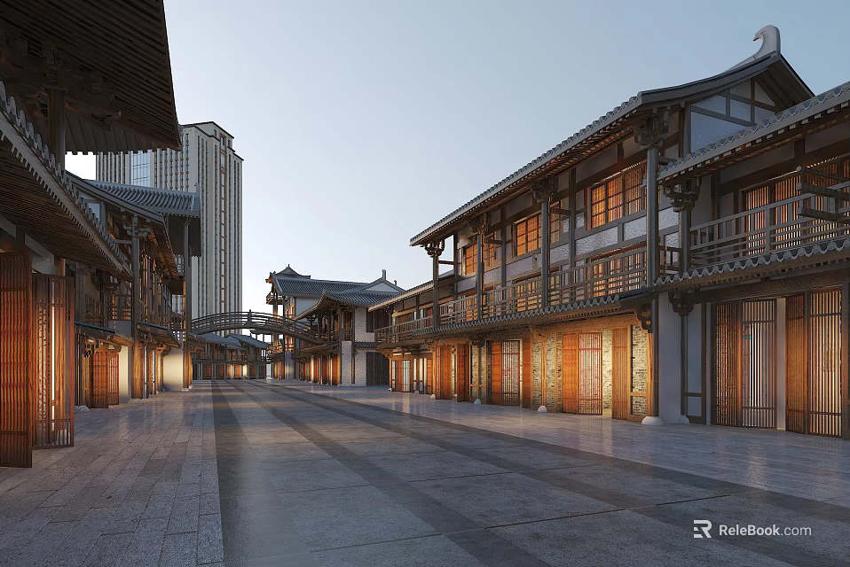 Commercial Street With Traditional Architecture Modern Skyscrapers And Nighttime Lighting 3d model 