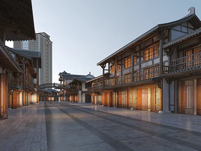 Commercial Street With Traditional Architecture Modern Skyscrapers And Nighttime Lighting 3d model