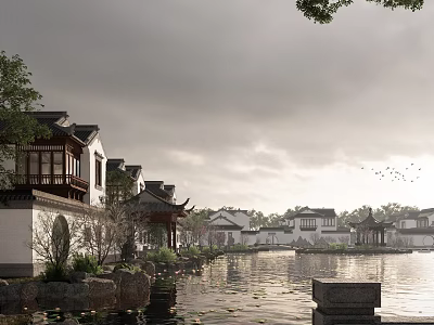 Ancient Architecture Water Town White Walls Black Tiles Waterfront Flying Eaves Reflections Cloudy Sky Birds 3d model