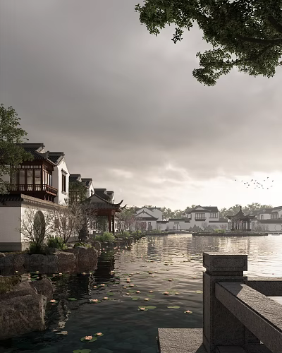 Ancient Architecture Water Town White Walls Black Tiles Waterfront Flying Eaves Reflections Cloudy Sky Birds 3d model