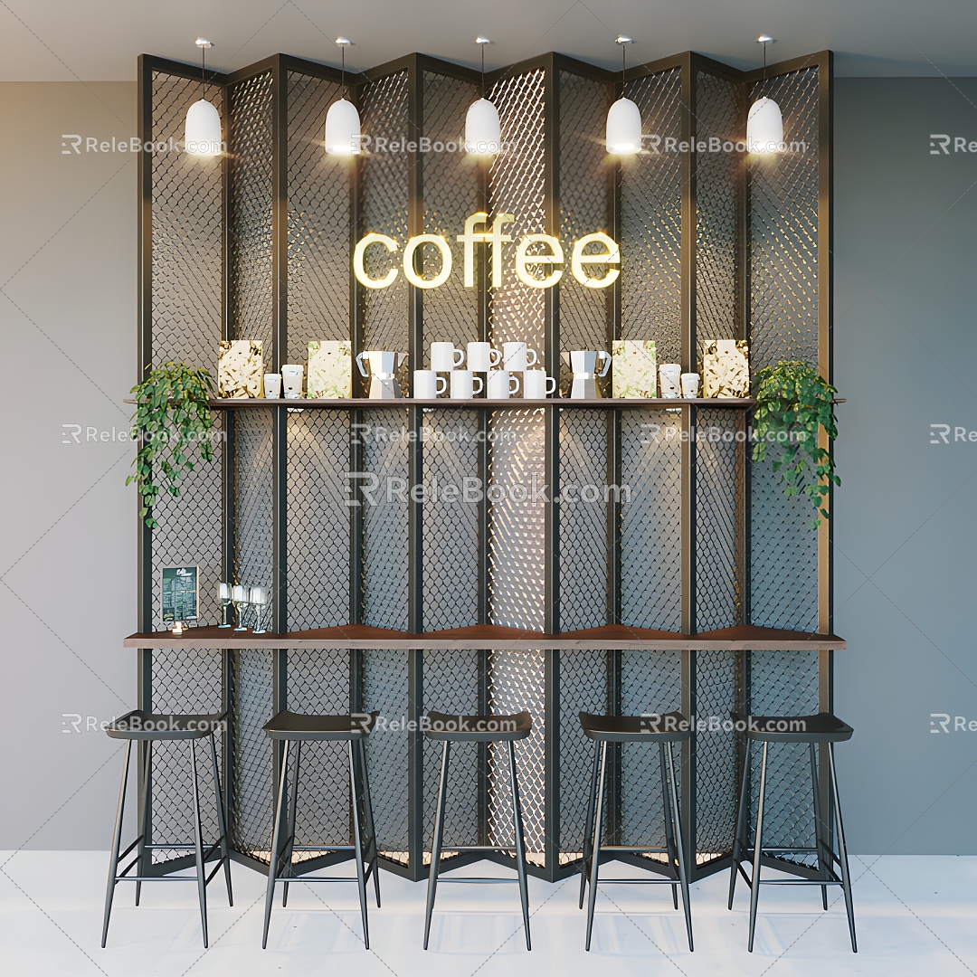 Modern Coffee Shop Table and Chair Combination Modern Coffee Shop Coffee Shop Table and Chair Bar Counter Bar Chair Chandelier Coffee Cup Green Plant Tooling 3d model