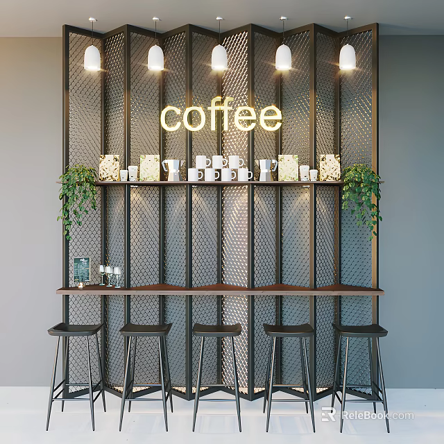 Modern Cafe Interior With Coffee Sign Metal Grid Wall Green Plants Wooden Bar And Black Stools 3d model 