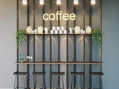 Modern Coffee Shop Table and Chair Combination Modern Coffee Shop Coffee Shop Table and Chair Bar Counter Bar Chair Chandelier Coffee Cup Green Plant Tooling 3d model