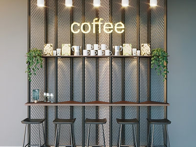 Modern Coffee Shop Table and Chair Combination Modern Coffee Shop Coffee Shop Table and Chair Bar Counter Bar Chair Chandelier Coffee Cup Green Plant Tooling 3d model