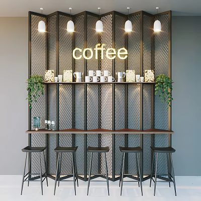 Modern Cafe Interior With Coffee Sign Metal Grid Wall Green Plants Wooden Bar And Black Stools 3d model