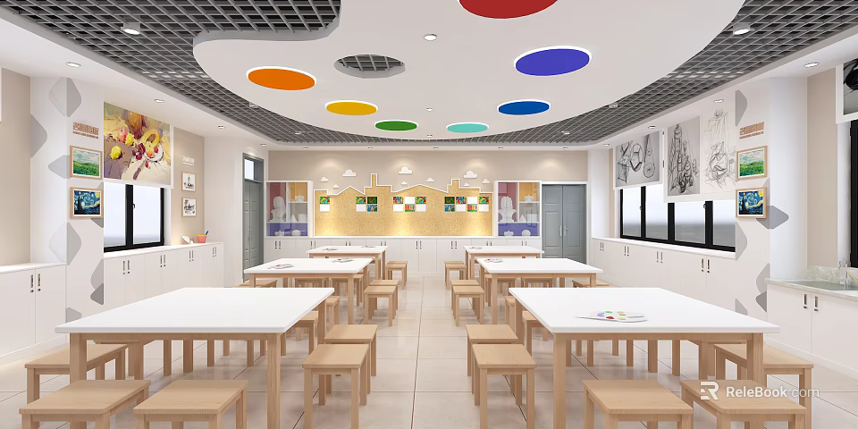 School Cafeteria Interior With Colorful Circular Ceiling Wooden Tables And Chairs 3d model 