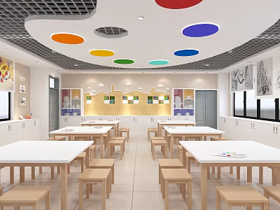 School Cafeteria Interior With Colorful Circular Ceiling Wooden Tables And Chairs 3d model