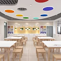 School Cafeteria Interior With Colorful Circular Ceiling Wooden Tables And Chairs