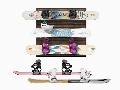 Assorted Snowboard Equipment With Ski Boots On Wooden Rack For Sports Storage 3d model