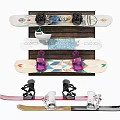 Assorted Snowboard Equipment With Ski Boots On Wooden Rack For Sports Storage
