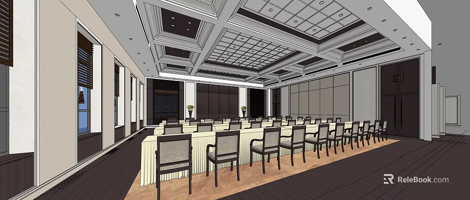 Spacious Conference Room Interior With Arranged Tables Chairs And Modern Ceiling Design 3d model 