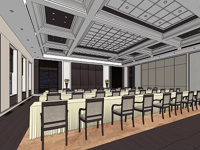 Spacious Conference Room Interior With Arranged Tables Chairs And Modern Ceiling Design 3d model