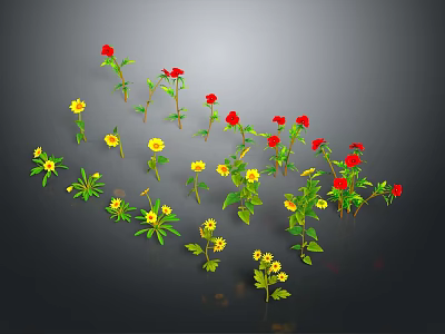Vibrant Red And Yellow Floral Display With Green Leaves On Dark Background 3d model