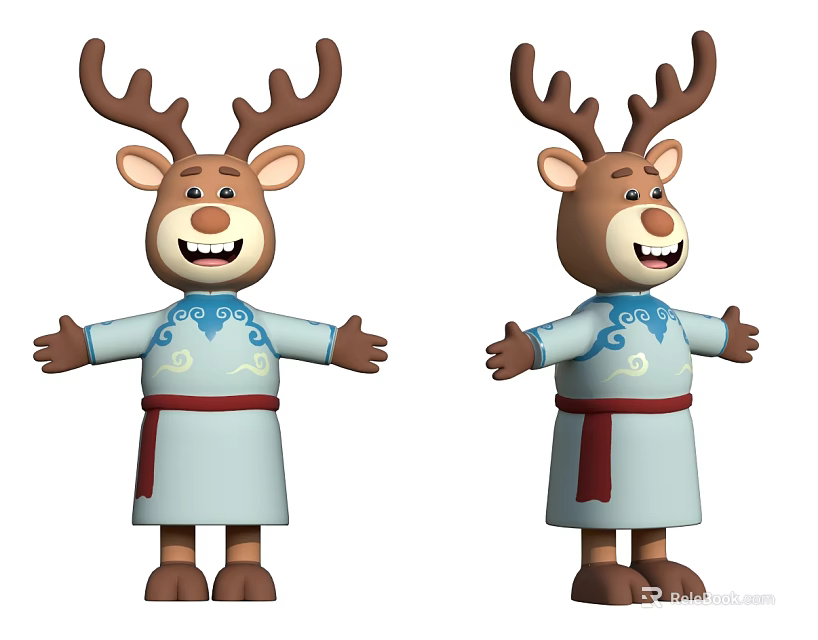 Cartoon Deer Characters In Traditional Outfits With Blue Patterns And Red Sash Smiling Open Arms 3d model 