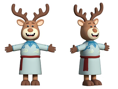 Cartoon Deer Characters In Traditional Outfits With Blue Patterns And Red Sash Smiling Open Arms 3d model