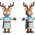 Cartoon Deer Characters In Traditional Outfits With Blue Patterns And Red Sash Smiling Open Arms