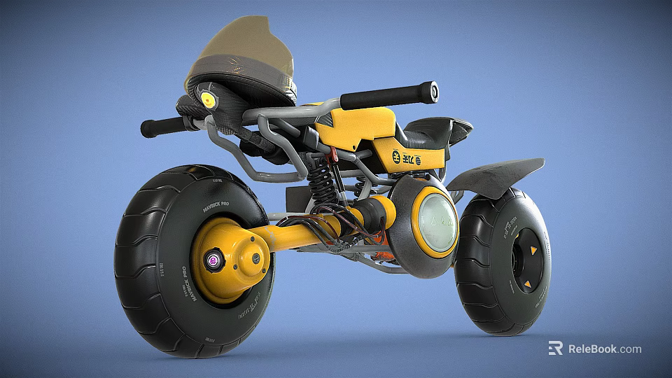 Yellow And Black Modern Motorcycle With Large Tires Spring Suspension And Round Headlight 3d model 