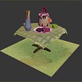 Dining Table With Green Checkered Tablecloth Cake Waffles Yellow Cup Blue Vase And Green Rug
