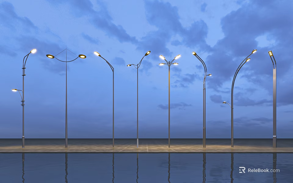 Modern Outdoor Lights with Curved Metal Poles and Water Reflection Under Cloudy Night Sky 3d model 