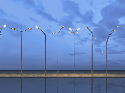 Modern Outdoor Lights with Curved Metal Poles and Water Reflection Under Cloudy Night Sky 3d model
