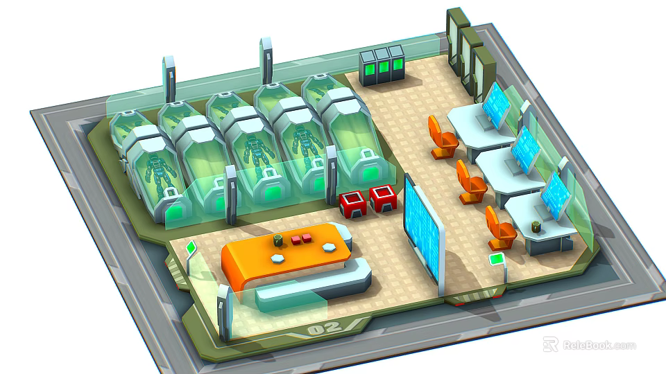 Cartoon Futuristic Interior Scene with Transparent Pods Green Lights Orange Chairs Desktops and Red Boxes 3d model 