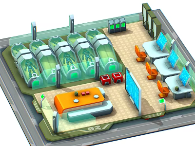 Cartoon Futuristic Interior Scene with Transparent Pods Green Lights Orange Chairs Desktops and Red Boxes 3d model