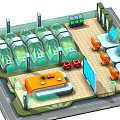 Cartoon Futuristic Interior Scene with Transparent Pods Green Lights Orange Chairs Desktops and Red Boxes
