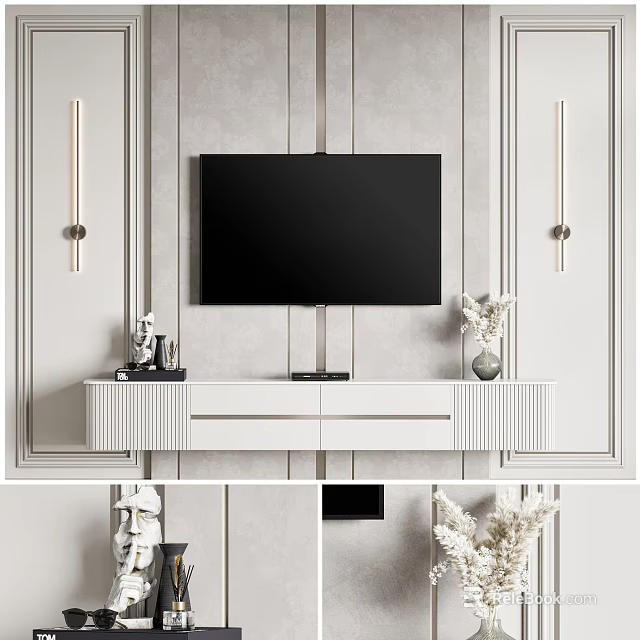Modern TV Wall Design With Panel Accents Wall Lamps TV Stand And Vase 3d model 