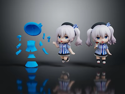 Game Anime Character Dolls With Twin Ponytails Blue Striped Outfit And Detachable Blue Parts 3d model