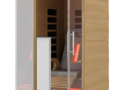 Modern Sauna Room With Wooden Structure Glass Door And Comfortable Seating 3d model