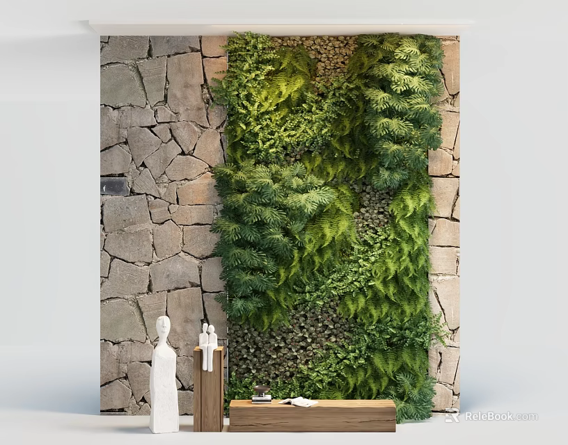 Living Plant Wall On Stone Wall Background With Wooden Bench And White Statues 3d model 
