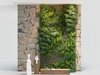 Living Plant Wall On Stone Wall Background With Wooden Bench And White Statues 3d model