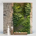 Living Plant Wall On Stone Wall Background With Wooden Bench And White Statues