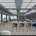 Modern Interior Dining Space With Long Tables Gray Chairs Blue Yellow Seating And Open Layout 3d model
